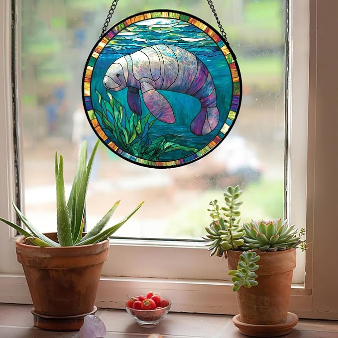 Stained Glass Window Hanging Blue Ocean Seaweed Manatee Large 11.8" - Suncatcher Door Garden Sunroom Sun Catcher Home Decor Birthday Christmas for Mom Men Woman Nana