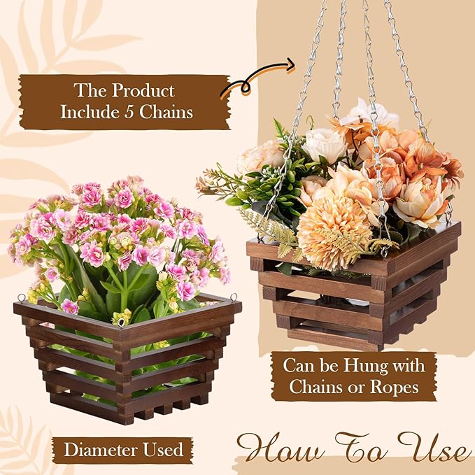 5 Pcs Wooden Orchid Hanging Basket with Hangers Pine Rustic Vanda Baskets Square Handmade Orchid Pots for Indoors Outdoors Garden Staghorn Ferns Mount Plants Flowers (6inch,8inch,10inch)
