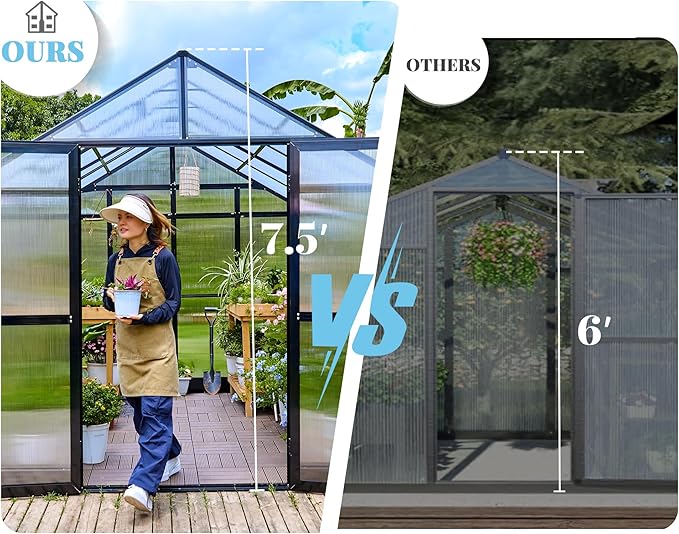 Jocisland 8x12x7.5 FT Greenhouse - Outdoor Aluminum Polycarbonate Greenhouse with Ventilation and Rain Gutter, 4 Swing Doors with Hook, Walk in Greenhouse for Outdoors Backyard Garden, Black