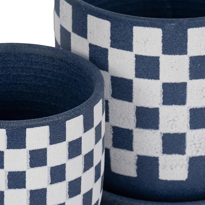 Ceramic Planters Set – Planters with Drainage for Healthy Roots, Indoor Planter and Patio Decor Placement, Checkered Design Accent for Modern Outdoor Home Decor – 6" and 5", Blue and White