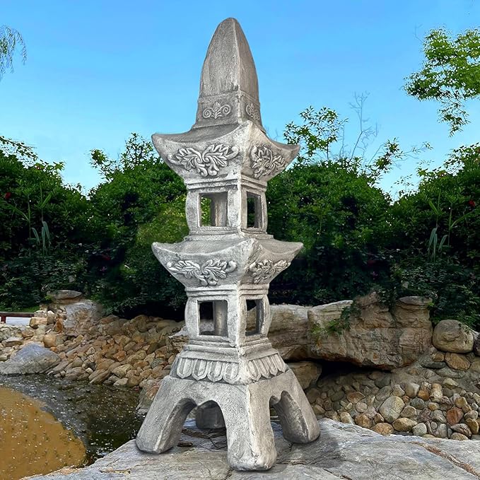 GRASOLAR 35.5’’High Asian Zen Pagoda Magnesium Oxide Tall Lantern Statue Outdoor Sculpture for Garden Backyard Decor Pagoda Statue Miniature Tower Lantern Landscape Garden Decoration