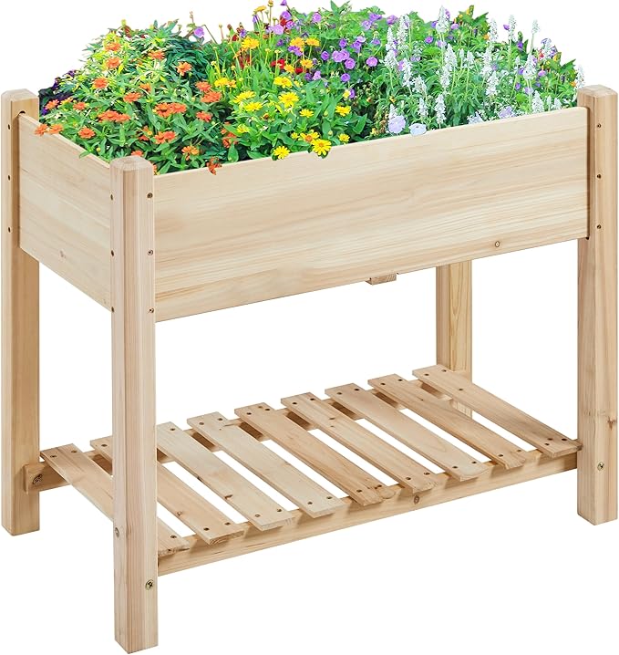 Topeakmart Raised Garden Bed Elevated 2 Tiers Wood Planting Bed Above Ground Planter Box for Vegetables Flowers Herbs Yard Outdoor, 34x18x30in, 2pcs