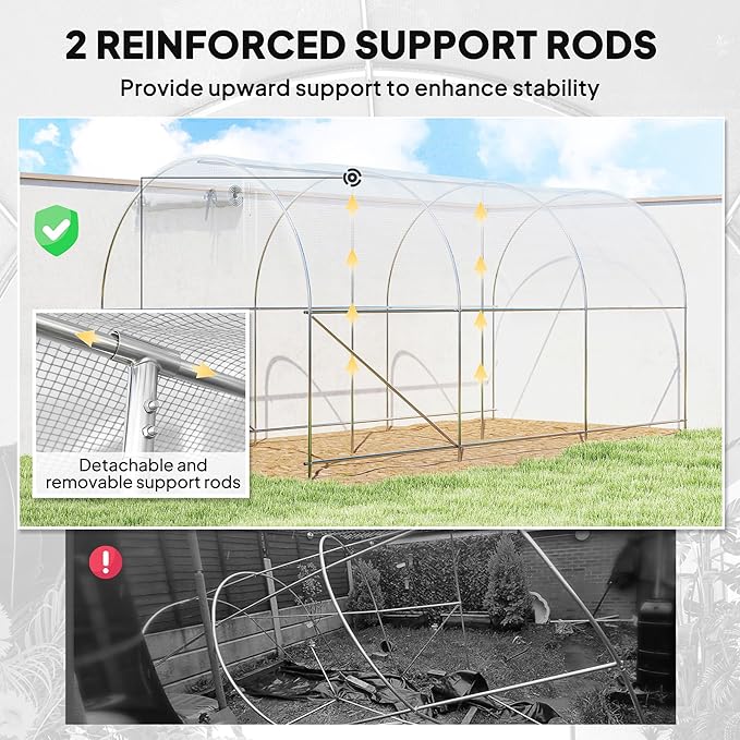 Outsunny 14.6'x6.5'x6.6' Hoop House Greenhouse with 2 Support Rods, Zippered Roll-up Mesh Door, Mesh Windows, Walk-in Tunnel Greenhouse with PE Cover, Galvanized Steel Frame, Outdoor Garden, White