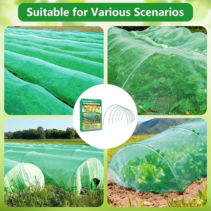 Garden Mesh Netting Kit for Raised Beds, 10x30FT Green Garden Netting ＆6 Sets Fiberglass Garden Hoops, Row Cover Garden Netting Pest Barrier Plant Protection for Vegetable Flowers Fruits