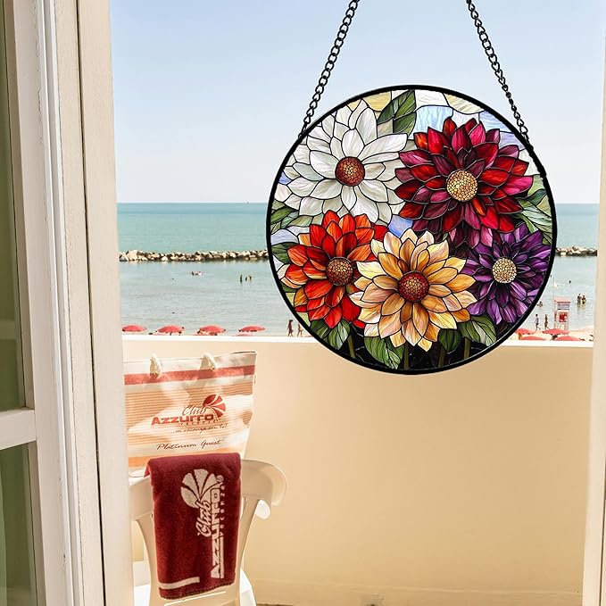 AMDERVEN Stained Glass Window Hanging, Colorful Flowers Sun Catcher for Window Door Home Decor Plant Suncatcher Christmas Mother's Day Birthday Gifts for Women Men Mom and Nana 7.8 in