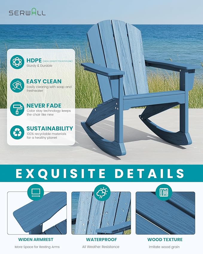 SERWALL Outdoor Adirondack Rocking Chairs Set of 4, All-Weather HDPE Rocker Chair for Front Porch, Patio, Lawn, Deck, Navy
