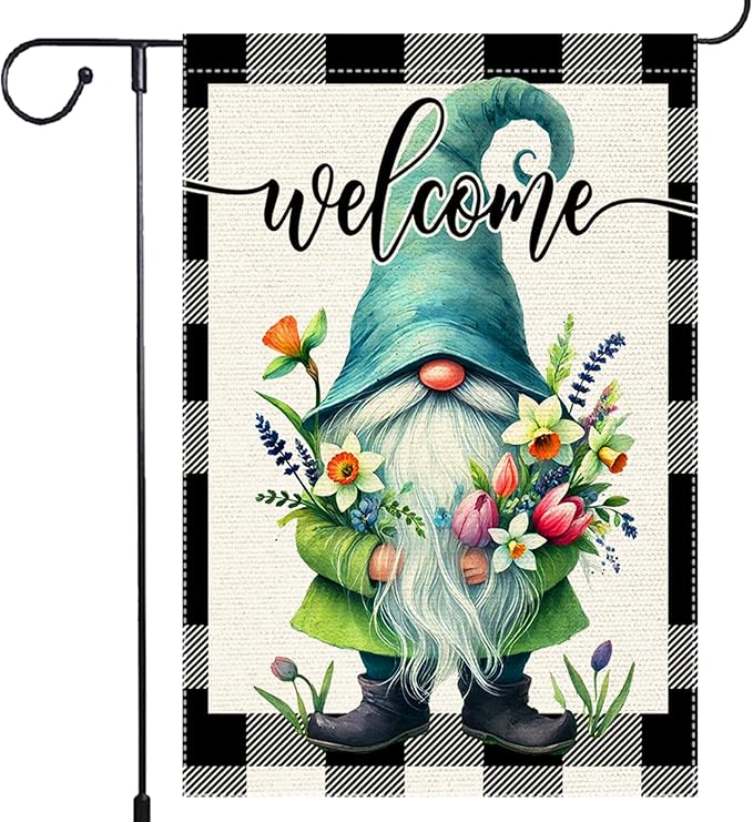 Welcome Spring Summer Gnome Garden Flag Colorful Floral Buffalo Plaid Garden Flags Small Burlap Lawn Seasonal Wildflowers Home Flags Outside Yard 12x18 Inch Double Sided