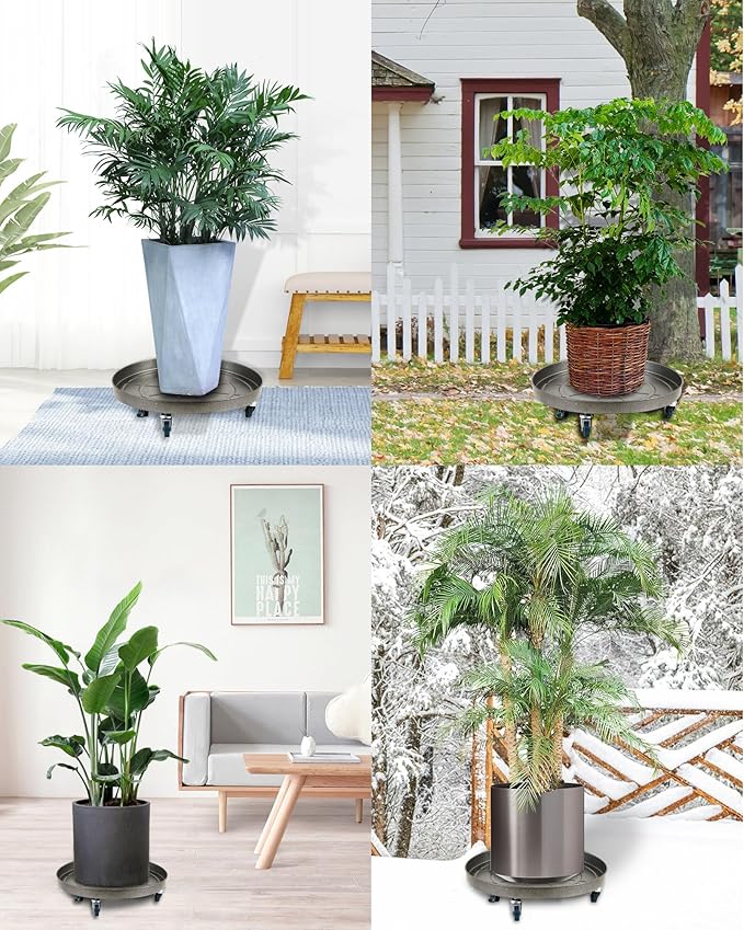 Heavy Duty Plant Caddy with Wheels 14 Inch, 360° Caster, Outdoor Rolling Plant Dolly That is Not Easily Rusted, Indoor Metal Plant Cart with Rollers, Plant Pot Trolley, Silver 2 Pack