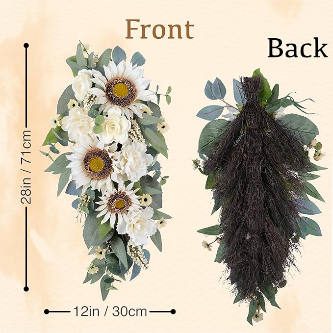 Summer Swag - 28” Sunflower, Peony, Rose Teardrop Swag for Front Door, Porch Wall, Window - Artificial White Flowers Teardrop Wreath for Home Spring, Summer, Fall, All Seasons, Everyday Decor (1)