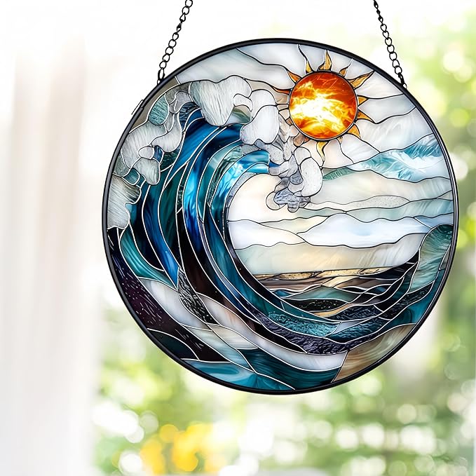7.8'' Sea Stained Glass Window Hanging,Ocean Blue Waves Suncatcher for Window Hanging, Beach Lover Gifts, Beach Decor, Coastal Suncatcher, Gifts for Friends, Couples, Family, Colleagues