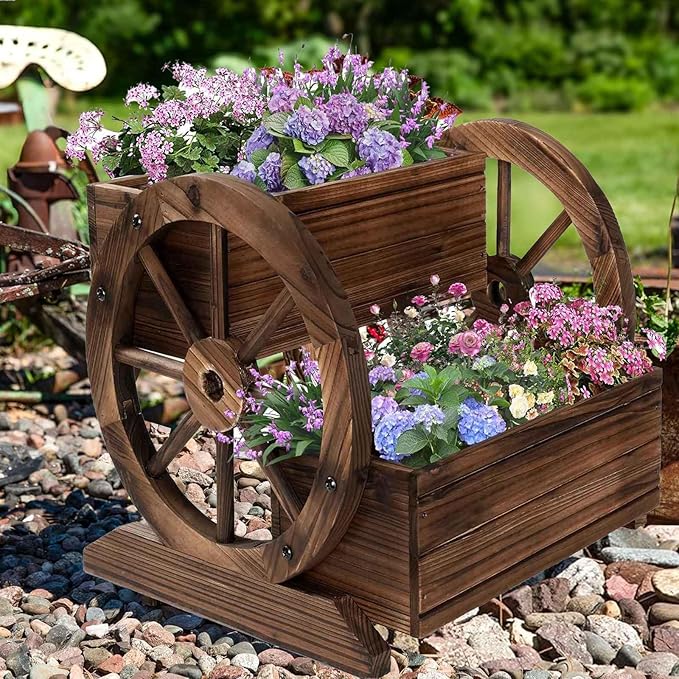 NestNature Wooden Wagon Planter Box,Raised Garden Bed,Decorative Garden Planters with Wheels-Outside Flower Pots for Indoor/Outdoor Décor Plants
