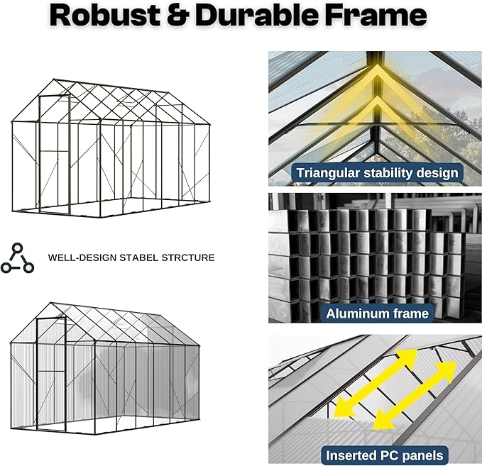 Kingdura 6x10ft Walk-in Greenhouse for Outdoors, Large Polycarbonate Greenhouses with Heavy Duty Aluminum Frame, Adjustable Roof Vent, Lockable Door, UV Protection for Outside Garden Backyard