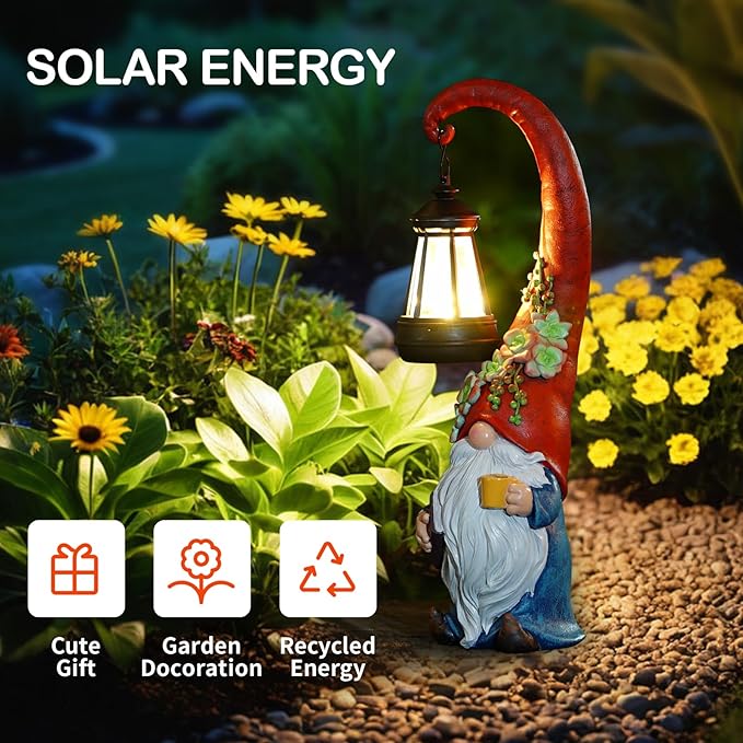 Roundot Coffee Gnome Garden Decor Statue Solar-Powered Gnome Ornament Lantern-Lit Courtyard Decoration Birthday Gift for Mom on The Patio