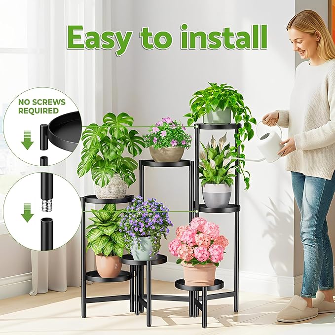 NQW 7 Tiered Metal Corner Plant Stand Indoor Outdoor, Tall Large Folding Rack with Rust Proof 7.9 Inch Wide Tray, Heavy Duty Flower Shelf for Multiple Plants for Patio - BlackDisk