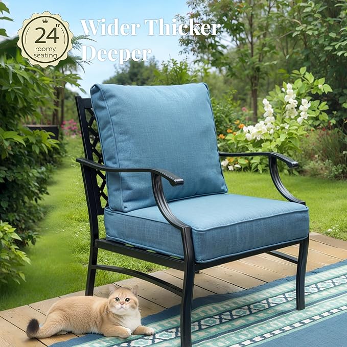 Patio Chairs Set of 2, High Back Outdoor Patio Metal Leg Chairs with 5.75" Thick Cushions for Bistro Balcony Porch Deck and Yard, Navy Blue