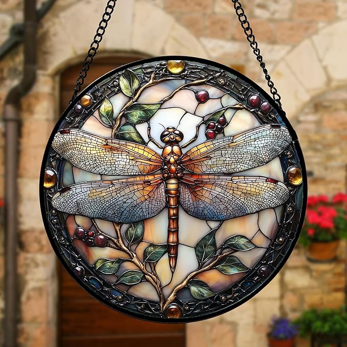 DASTOLL Stained Glass Window Hanging - Dragonfly Plant Suncatcher Ready to Hang Window Doors Home Decoration, Christmas, Mother's Day Birthday Gifts for Women, Men, and Mom 7.8x7.8 in