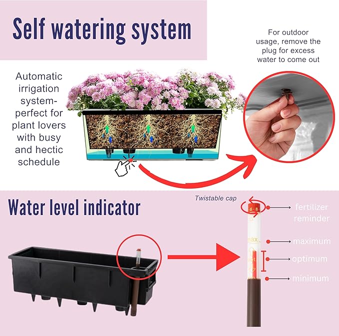 LaLaGreen Deck Railing Planters (14 Inch, 2 Pack) Black Rectangular Window Flower Box with Bracket, Self Watering System Hanging Planter Boxes for Outdoor Plant Pots Container Rail Fence Balcony Herb