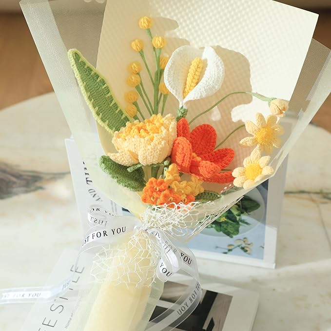YOOJEE Crochet Flower Bouquet Golden Peonies Tulip - Retirement, Birthday, Christmas Gift - Eco-Friendly Hypoallergenic Florals Handmade by Artisan Moms