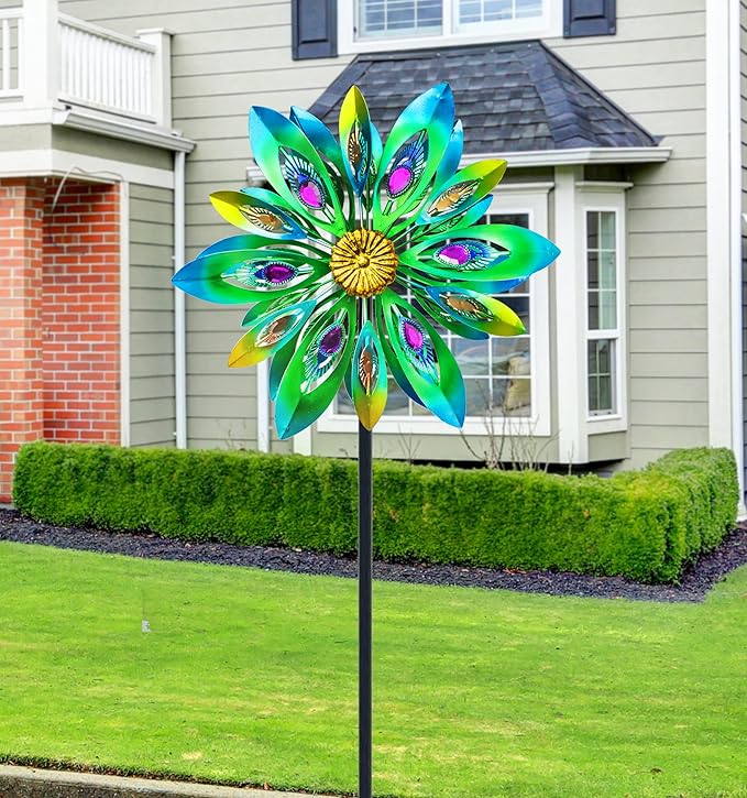 VEWOSTAR 53 Inch Wind Spinner - Outdoor Metal Peacock Wind Sculptures for Garden, Patio, Yard, Lawn Decorations Double Windmill Spinner
