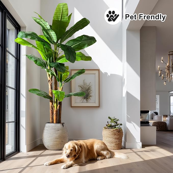 Artificial Banana Tree 8.2ft, Faux Tropical Palm Tree Plant with Realistic Leaves, Low Maintenance Indoor Outdoor Decor for Home Office Porch, in Nursery Pot