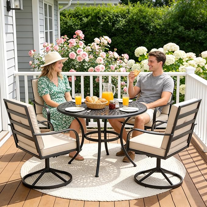 Patio Swivel Chairs Set of 4, Heavy Duty Outdoor Swivel Dining Chairs with Thickened Cushions, All Weather Metal Patio Chairs for Outside Garden Lawn Porch, Beige