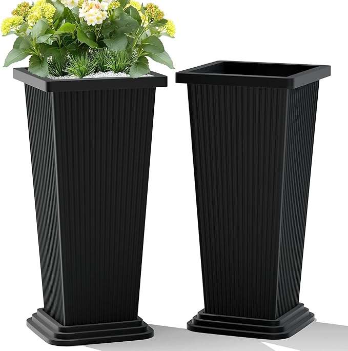 TUYOHW Set of 2 Large Tall Planter for Indoor or Outdoor 24" Flower Pots Tapered Tall Planters with Tray for Porch, Patio, Backyard, Large Planters for Outdoor Indoor Plants(Black,Striped)