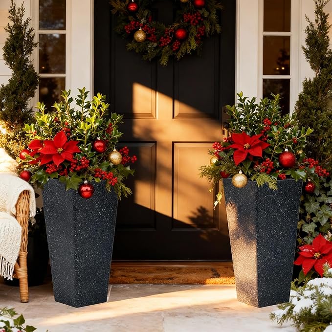 Autodaya 28" Plant Pots Tall Planters for Plants Outdoor Set of 2 Plastic Planter Pot Large Flower Pots Indoor Weather-Resistant for Patio, Porch, Garden, Front Door Christmas Decor Terrazzo Black