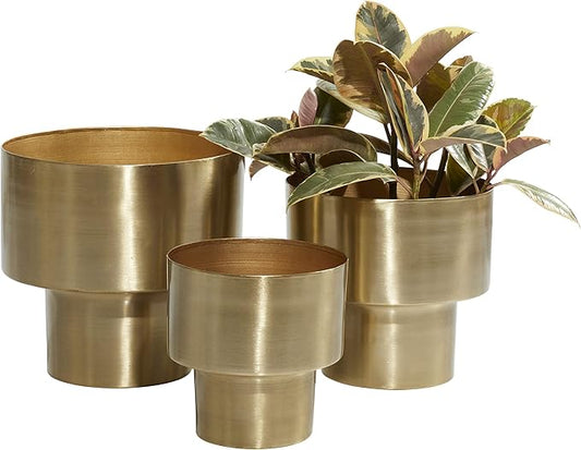 Deco 79 Metal Indoor Outdoor Planter Brushed Small Planter Pot, Set of 3 Planters 7", 8", 10"H, Gold