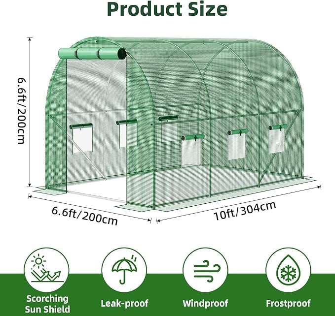 Superlele Heavy Duty Walk-in Greenhouse for Outdoor, 10x6.6x6.6FT Tunnel Greenhouse, Large Garden Green House with Reinforced PE Mesh Cover, 6 Windows with Screen, Stakes and Ropes, Green