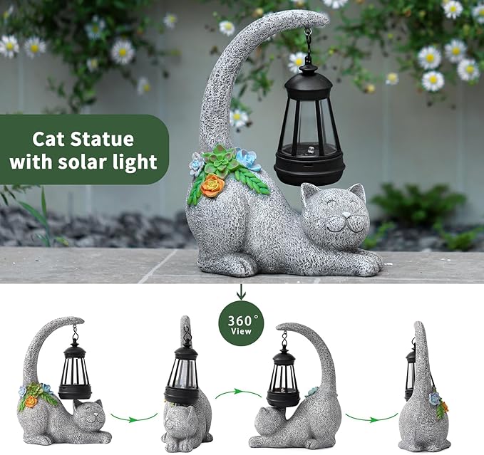 Ploxoiven Garden Cute Cat Gnome Statue Decorations - Solar Resin Cat wtih Solar Garden Lights Outdoor Decorations Waterproof for Patio,Yard,Lawn,
