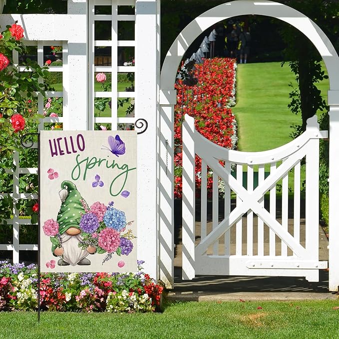 Hello Spring Garden Flag for Outside 12x18 Double Sided,Gnome with Hydrangeas Flowers Small Yard Flag, Summer Seasonal Decors for Outdoor Anniversary Wedding Farmhouse Holiday