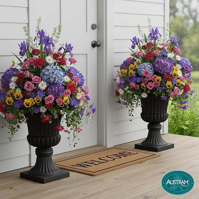 Austram Urn Planters 22", Set of 2, Tall Stone-Resin Pedestal Planters for Outdoor Plants, Large Front Porch Decor, Patio Garden Pots, Outdoor Urns for Entryway, Porch & Deck, Black Plant Pot