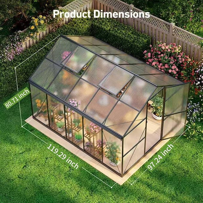 8x10FT Greenhouses for Outdoors, Polycarbonate Green House with UV Protection, Heavy Duty Greenhouse with Windproof Aluminum Frame, Roof Vent & Hygrometer for Backyard or Garden Use