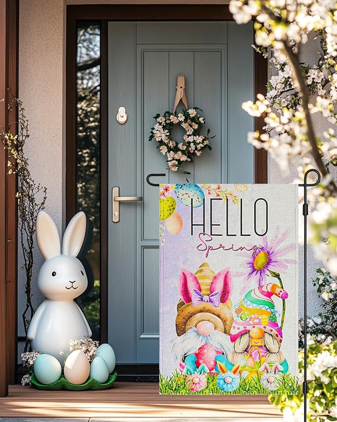Easter Gnomes Garden Flag 12×18 Inch Double Sided for Outside Hello Spring Small Vertical Burlap Yard Flags Outdoor Lawn Porch Decoration