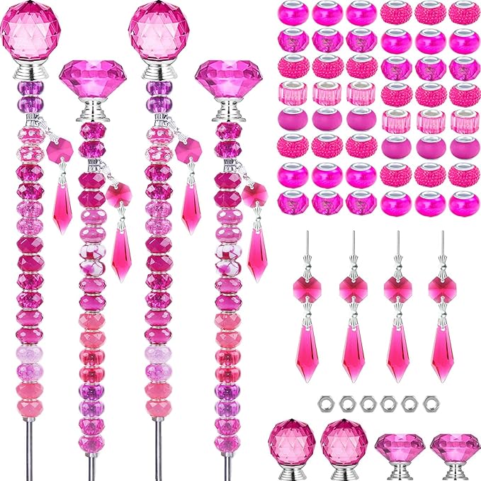 121 Pcs DIY Fairy Wand Beaded Garden Stakes Kit, Fairy Wands Garden Kit Rose Red Large Hole Bead with Pendants Crystal Stopper Top Threaded Rod Beaded Garden Stakes Supplies for Outdoor Decorative
