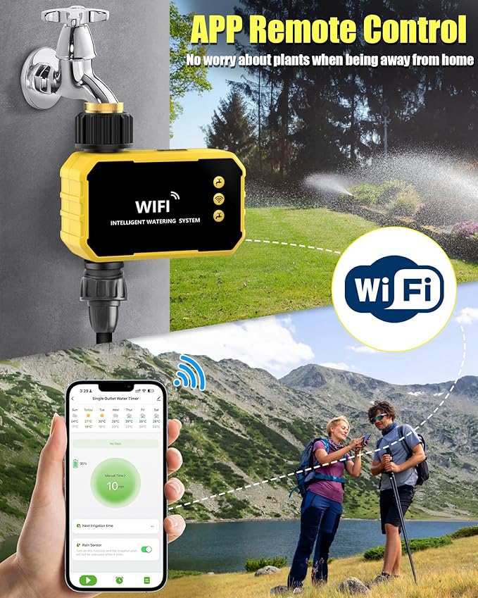 WiFi Sprinkler Timer with Brass Inlet, Smart Solar WiFi Water Timer for Garden Hose No Need Hub, Rain Delay/Auto/Manual Override, Alexa/Google Assistant Compatible, APP Remote Control via 2.4Ghz WiFi