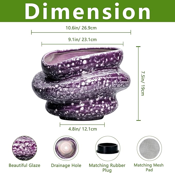 Teagas Ceramic Pots for Plants - 10.6 Inch Ceramic Plant Pots Indoor with Drainage Hole, Unique Planters for Indoor Outdoor Plants, Decorative Planter, Garden Room Decor, Housewarming Gifts, Purple
