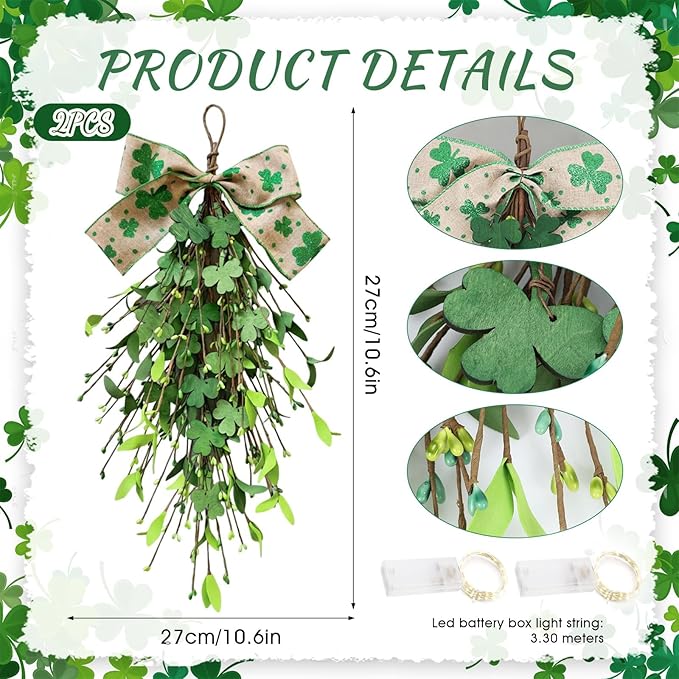 2 PCS St.Patrick's Day Swag Wreath for Front Door Artificial Shamrock Teardrop Swags Wreath Lucky Irish Kitchen Cabinet Wreaths for Home Indoor Outdoor Porch Wall Window Fireplace Mantel Decoration