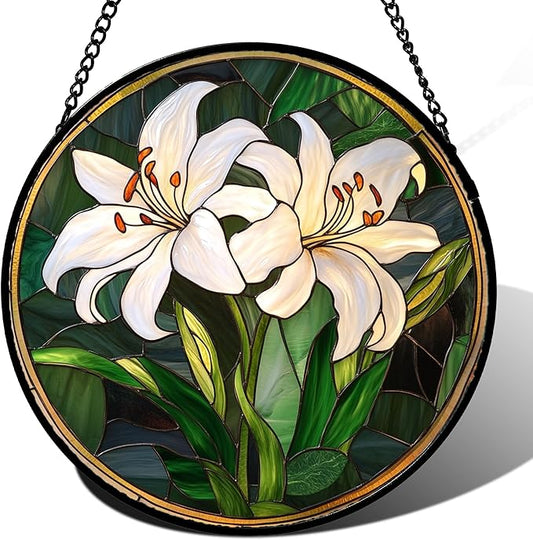 Stained Glass Window Hanging, White Lily Suncatcher for Door Garden Patio Birth Flower Green Plant Sun Catchers Decor Christmas Mother's Day Birthday Gifts for Women Mom Nana Friend 9.8 in