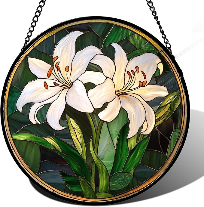 Stained Glass Window Hanging, White Lily Suncatcher for Door Garden Patio Birth Flower Green Plant Sun Catchers Decor Christmas Mother's Day Birthday Gifts for Women Mom Nana Friend 7.8 in