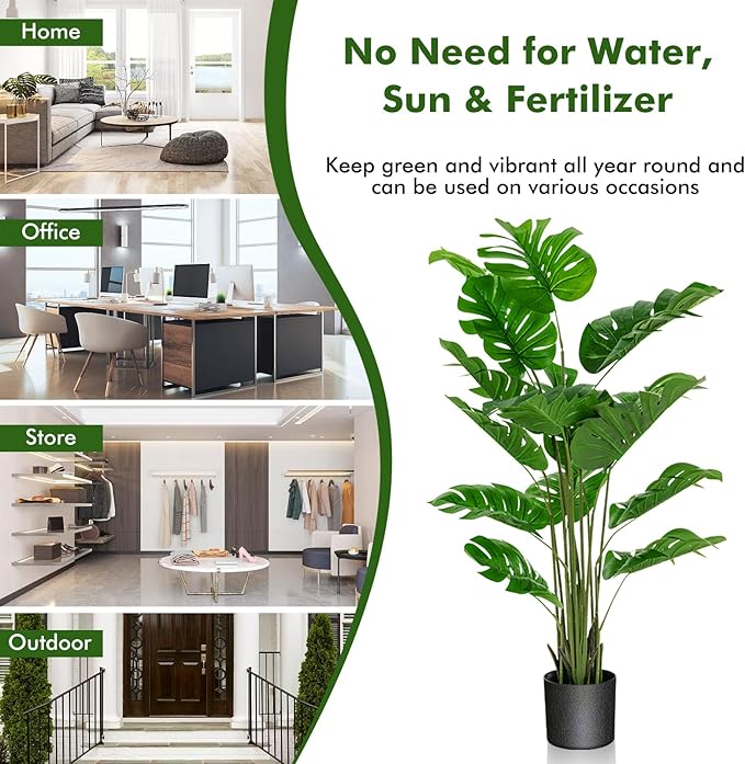 5FT Fake Monstera Deliciosa Plants, Faux Monstera Plant w/15 Turtle Leaves, Cement-Filled Plastic Pot, 60 Inch Fake Plant for Indoor Home Office Living Room Decoration Set of 2
