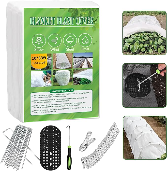 MuyuRise 10 FT x 33 FT Plant Covers Freeze Protection kit - 1.8 oz/yd² Thickened Frost Cloths Blankets with Garden Row Cover Accessories for Outdoor Plants, Protect in Winter Cold/Sun Pests (White)