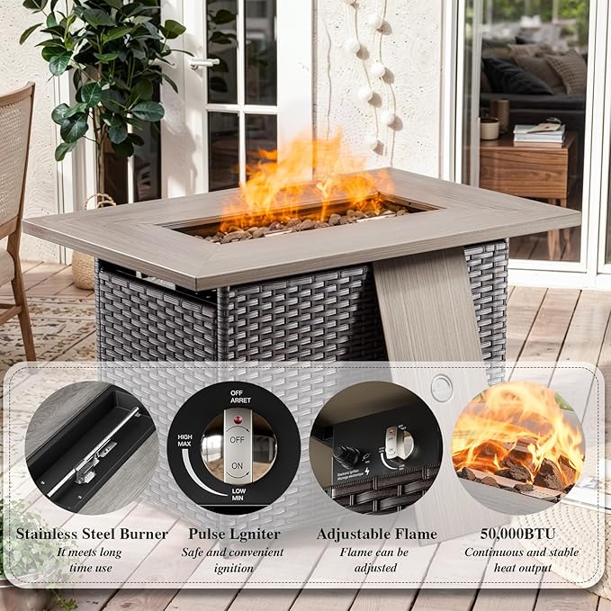 HUMMUH 6 Pieces Patio Furniture Set with Fire Pit Table High Back Outdoor Conversation Set Wicker Patio Couch Outdoor Chairs Ottomans for Balcony Garden,Lawn,Deck