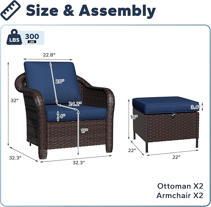 Outdoor Chairs Set with Ottomans, 4 PCS Patio Conversation Furniture Set with Removable Cushions, All-Weather Wicker Furniture for Porch, Backyard, Deck, Sunroom (Navy Blue)
