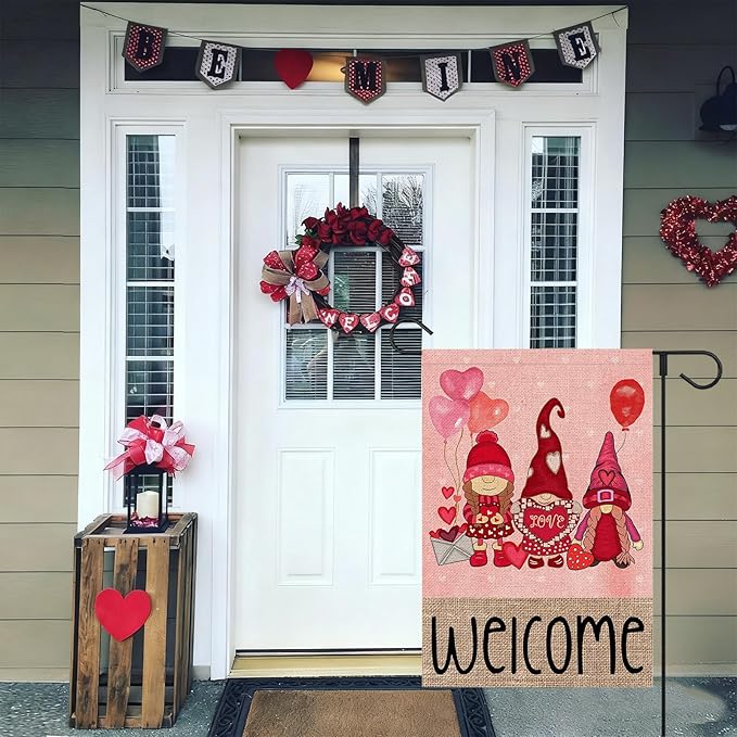 Welcome Valentines Day Gnomes Garden Flag 12x18 Inch Double Sided Outside Red Balloon for Outdoor Farmhouse Anniversary Holiday Yard Valentine Decoration FF-225