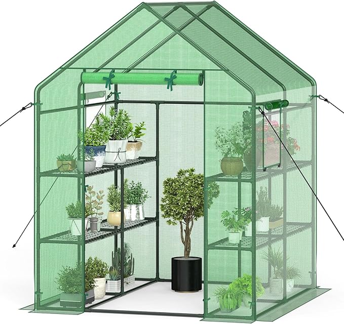 Happygrill Greenhouse for Outdoors, Portable Green House w/8 Shelves, Roll-Up Zippered Door, 2 Observation Windows & 2 Tiers, PE Cover, Wind Rope, Walk-in Greenhouse for Outside, 57”L x 57”W x 77”H