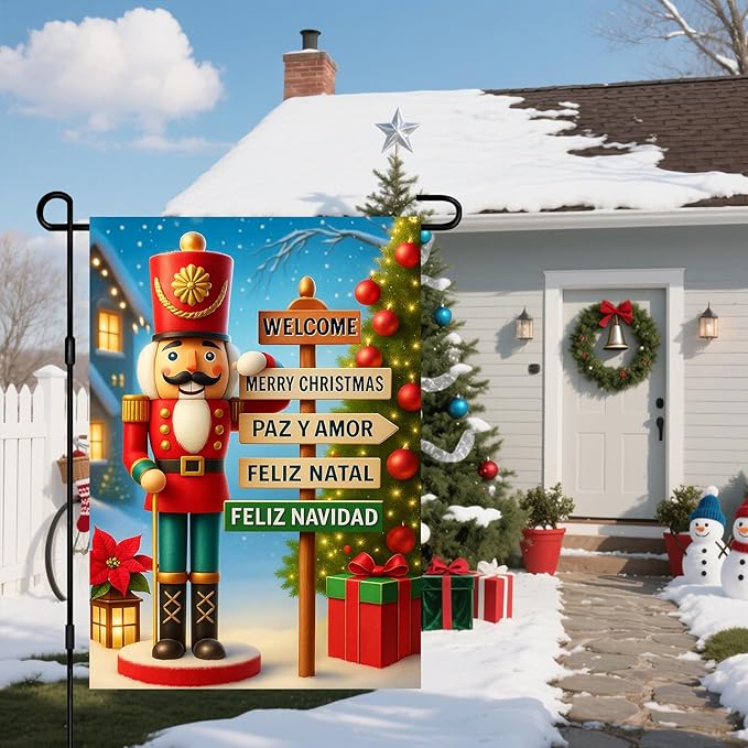 IVN Christmas Garden Flag 12x18 Inch Double Sided Nutcracker with Multilingual Holiday Sign Outdoor Yard Flag for Outside Home Front Door Lawn Porch Patio Welcome Decor