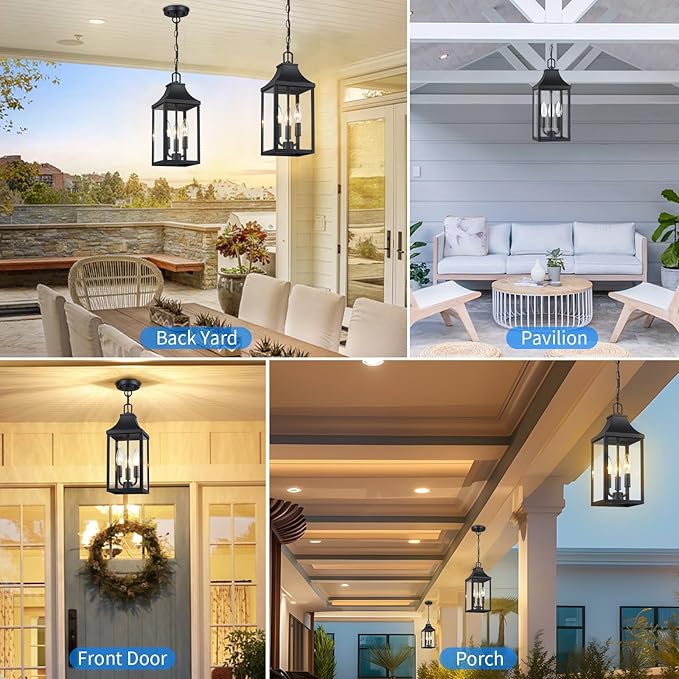 15'' Large Outdoor Pendant Light Fixtures 3-Light, Exterior Hanging Lantern Porch Light Adjustable, Black Hanging Lamp Farmhouse Exterior Chandelier Ceiling Mount for Entrance Patio
