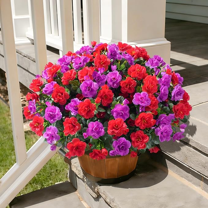 Artificial Fake Outdoor Flowers Plants, Faux Silk Camellia Bundles UV Resistant No Fade Realistic for Planter Pot Outside Porch Patio Balcony Garden Yard Home Decor, 3 Large Bundles (Red +Fuchsia)