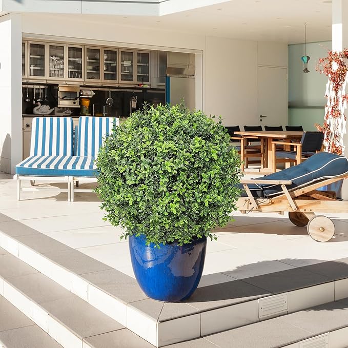 26" Artificial Boxwood Topiary Trees - 19.7" W Large Faux Plants Outdoor for Front Porch Decor, UV-Resistant Potted Shrubs with LED Lights, Realistic Fake Greenery Balls for Patio Entrance, Set of 2